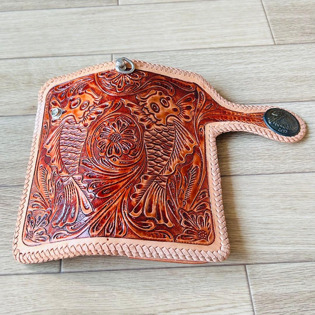 【新品】本革 牛革 カービング バイカーズウォレット ハンドメイド 長財布