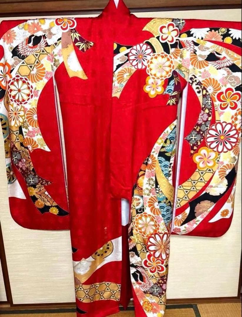 赤 吉祥文様 熨斗 鶴 華 振袖 身丈161