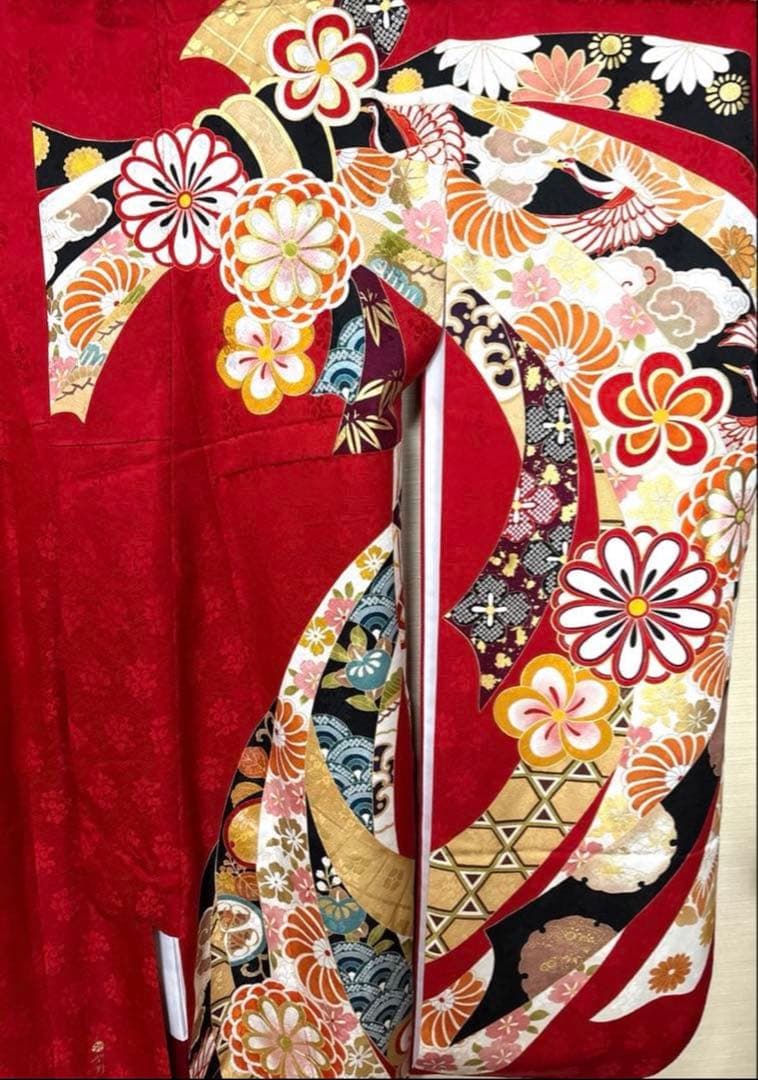 赤 吉祥文様 熨斗 鶴 華 振袖 身丈161