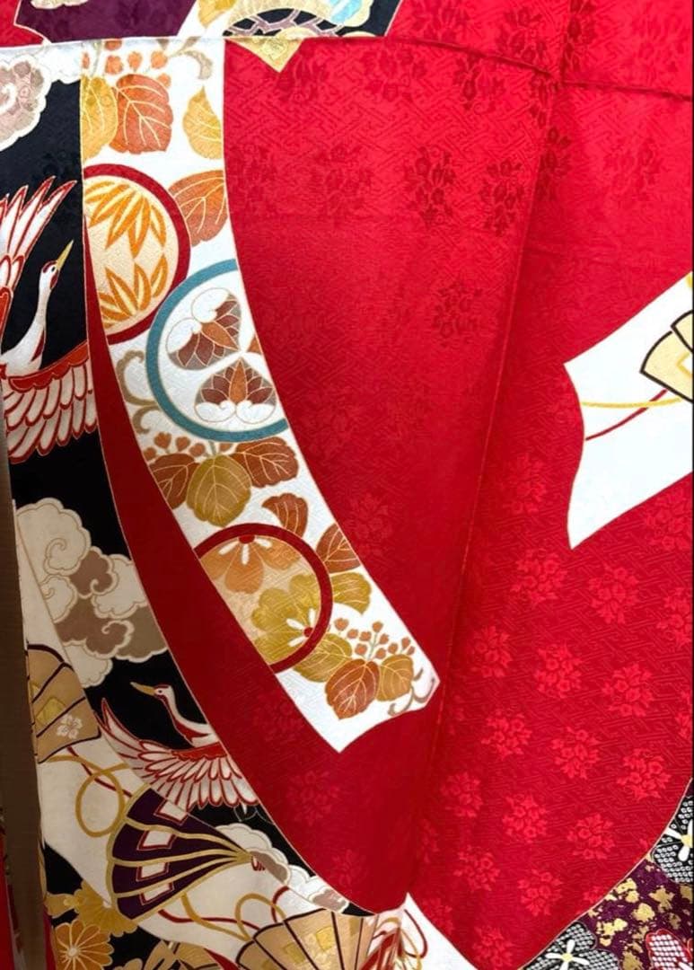 赤 吉祥文様 熨斗 鶴 華 振袖 身丈161
