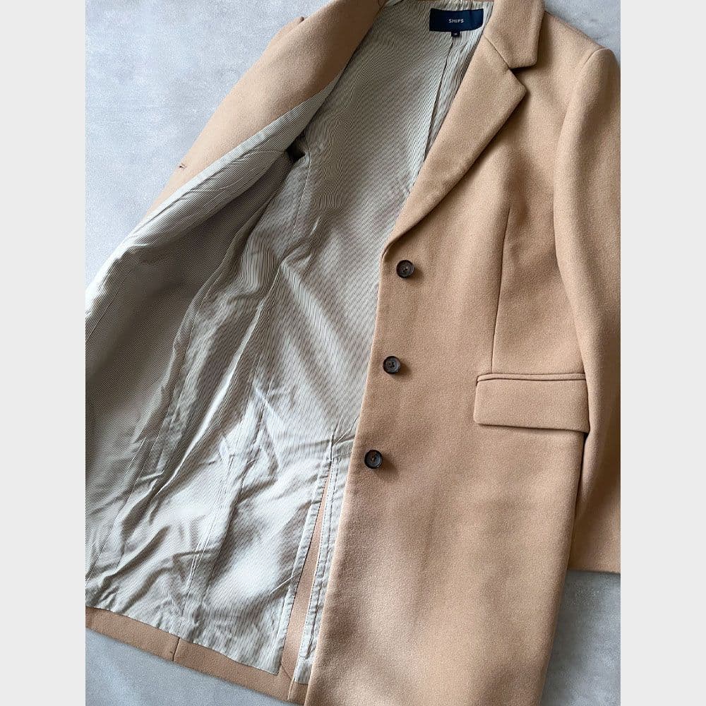 美品 シップス 上質ウール シルク コート チェスターコート ベージュ A7