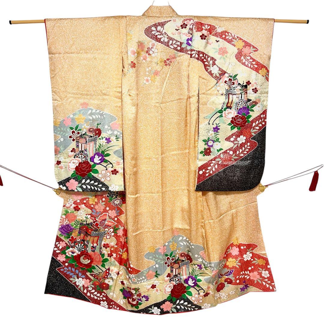 着物　七五三　7歳　女の子　13点　フルセット　オレンジ　御所車　花文　吉祥文様