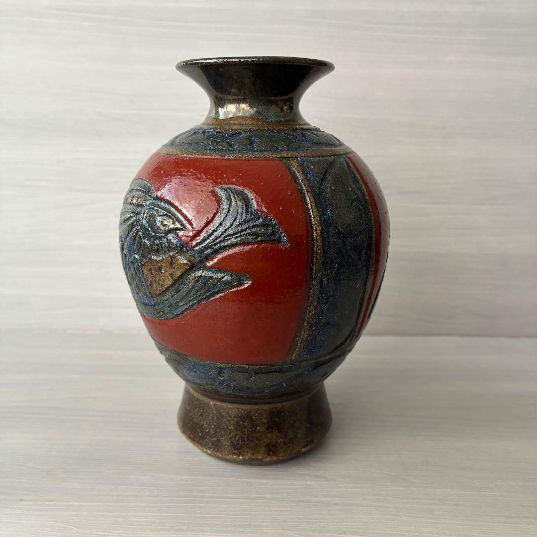 壺屋焼　小橋川清正　赤絵　魚紋　花瓶　沖縄　花器　インテリア　壺　工芸品