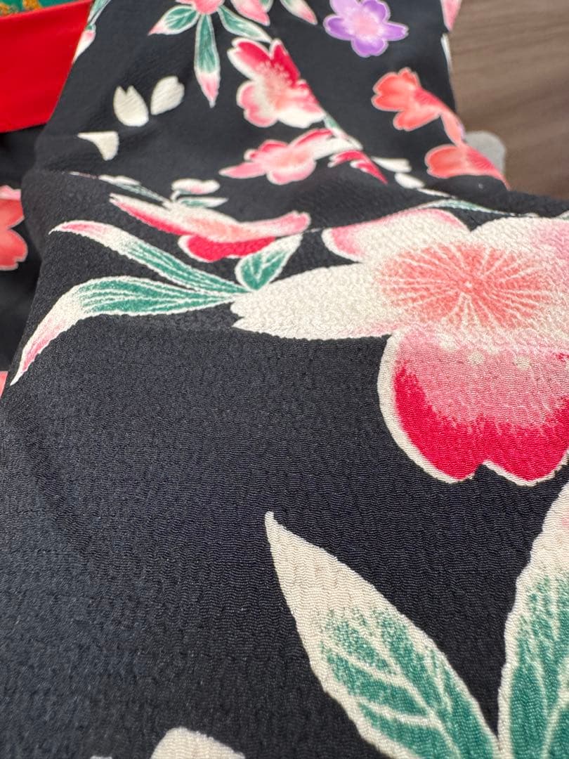 七五三着物帯セット　7歳　黒花柄