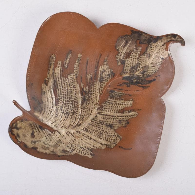 高岡銅器　西村義光作　鋳銅　葉形　盆　共箱　V　8542