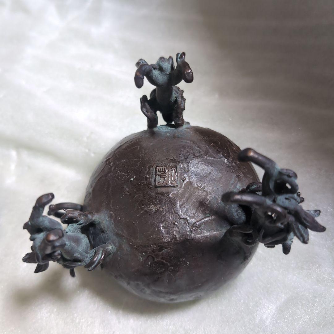 1817 高岡銅器　須賀七郎作　月芳　蝋型鋳銅　三獅子　香炉　時代物