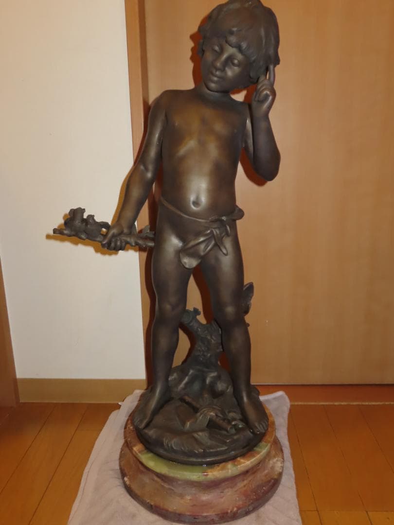 フランス彫刻家オーギュスト・モロー「少年と小鳥」 ブロンズ像　銅像　引き取り限定