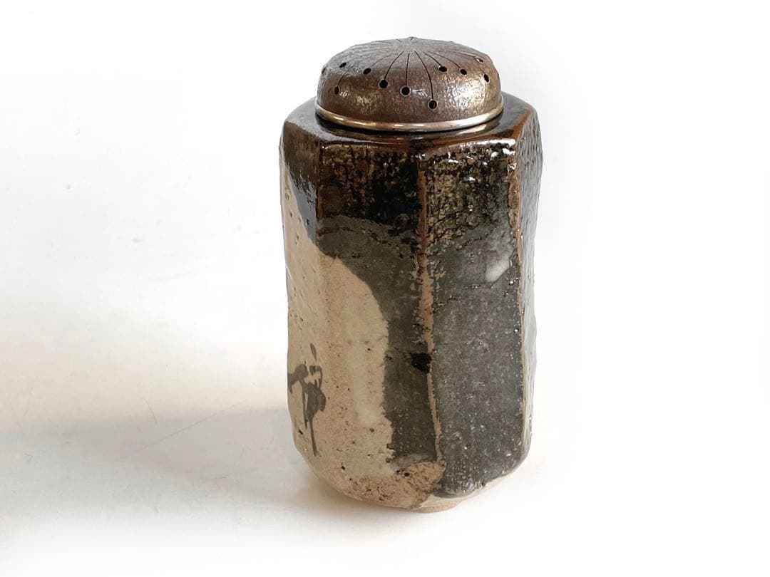 陶芸家　西岡小十　絵唐津　面取　香炉　唐津焼　古唐津　織部　香爐　共箱　純銀