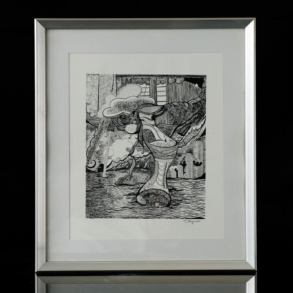 池上隆 直筆サイン 細密 鉛筆画 潮騒 額装 2号 共シール