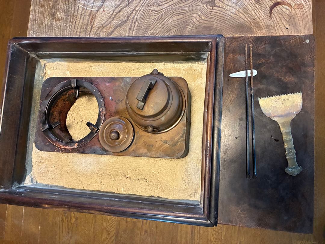 【欅無垢】長火鉢一式／灰・五徳・火箸・灰匙付き／和家具