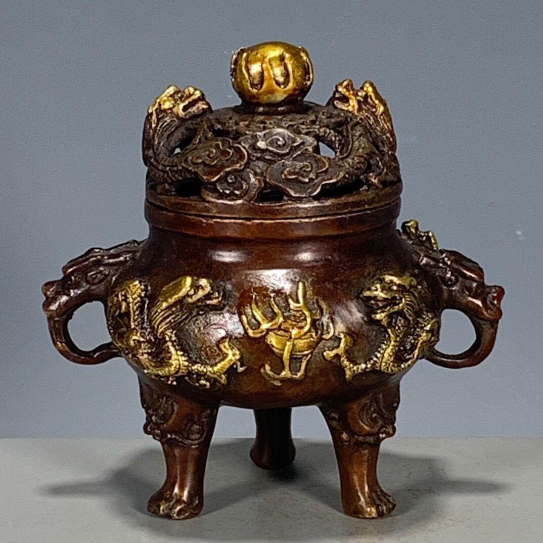 銅器 香炉 瑞獣三足九龍鼎薫香炉 風水 開運 工芸品 美術品 置物