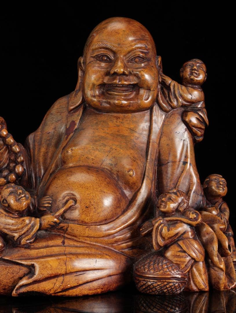 石彫 布袋尊 童子戯れ 置物 高さ21cm 七福神 縁起物 仏像 古美術 骨董品