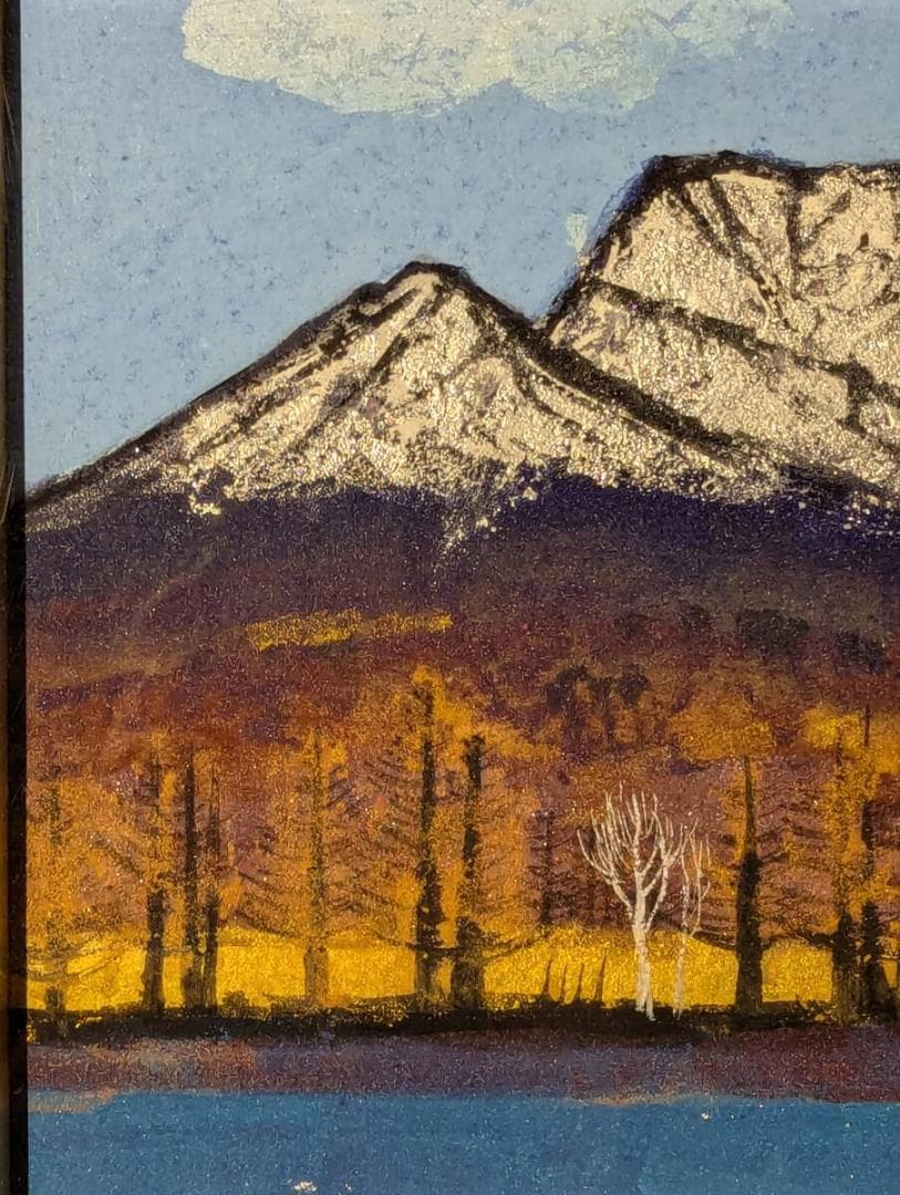 【真作】絵画　小川博　日本画4号　妙高　荘厳な雪山と湖　箱・黄袋入　U137