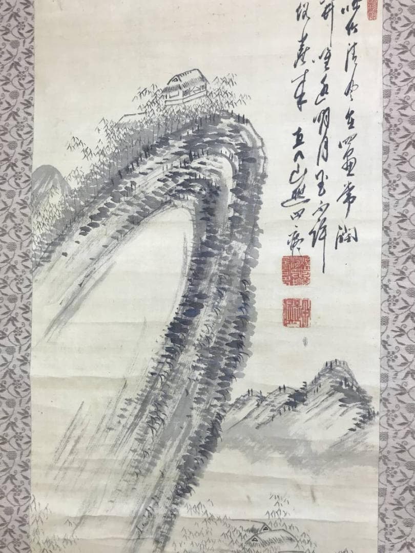 【模写】田能村直入/竹林山水画賛/山水図/掛軸/名家伝来/AD-648