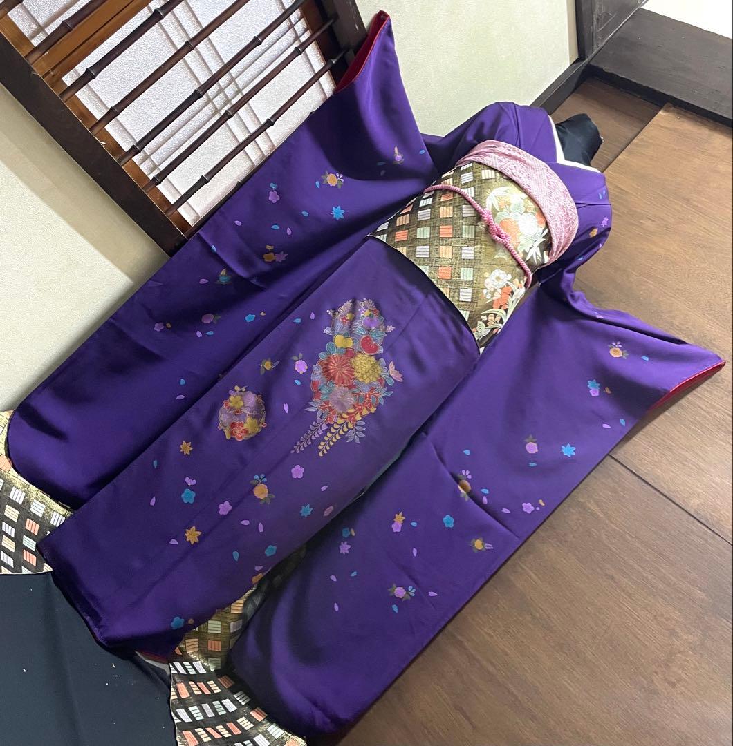 振袖 フルセット6点サイズＬ雪輪舞花文　金彩　正絹
