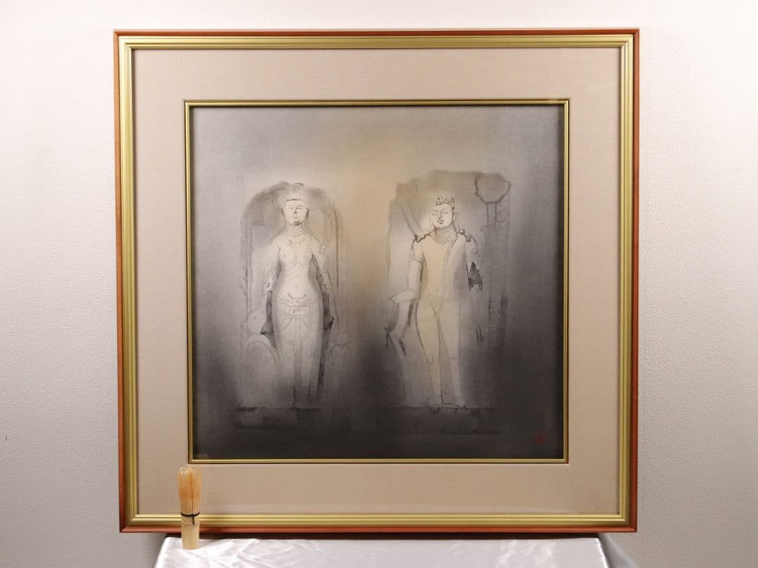 【真作】佐藤隆良 紙本肉筆 金彩墨彩 仏画 日本画 額装 アクリル板 CK43