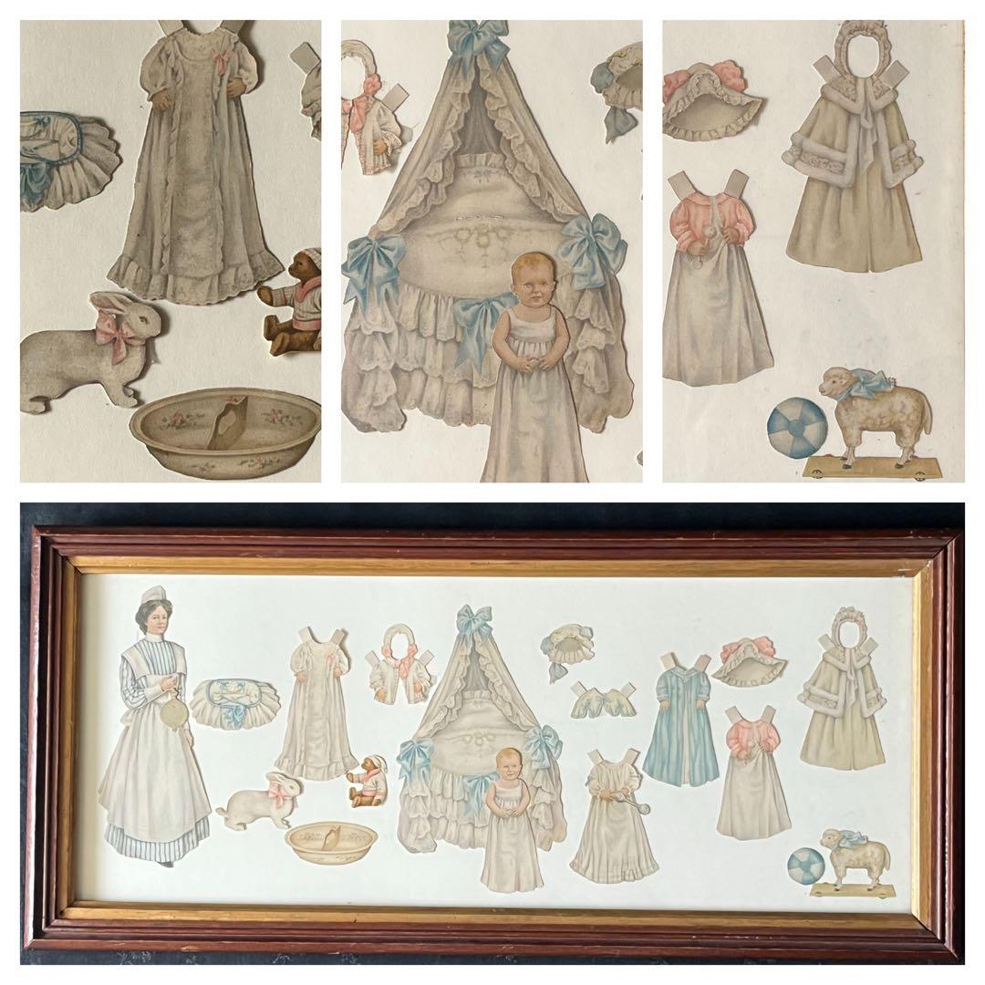 アンティークヴィクトリアンガラスフレーム壁掛け額装飾ペーパードール紙もの