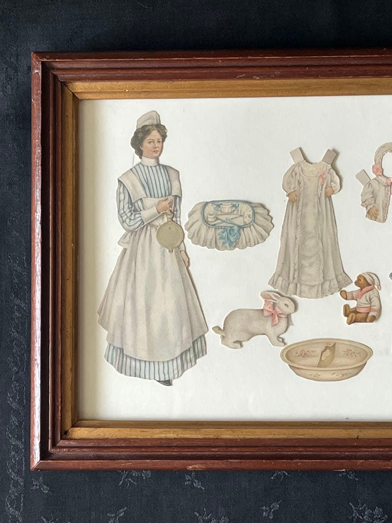 アンティークヴィクトリアンガラスフレーム壁掛け額装飾ペーパードール紙もの