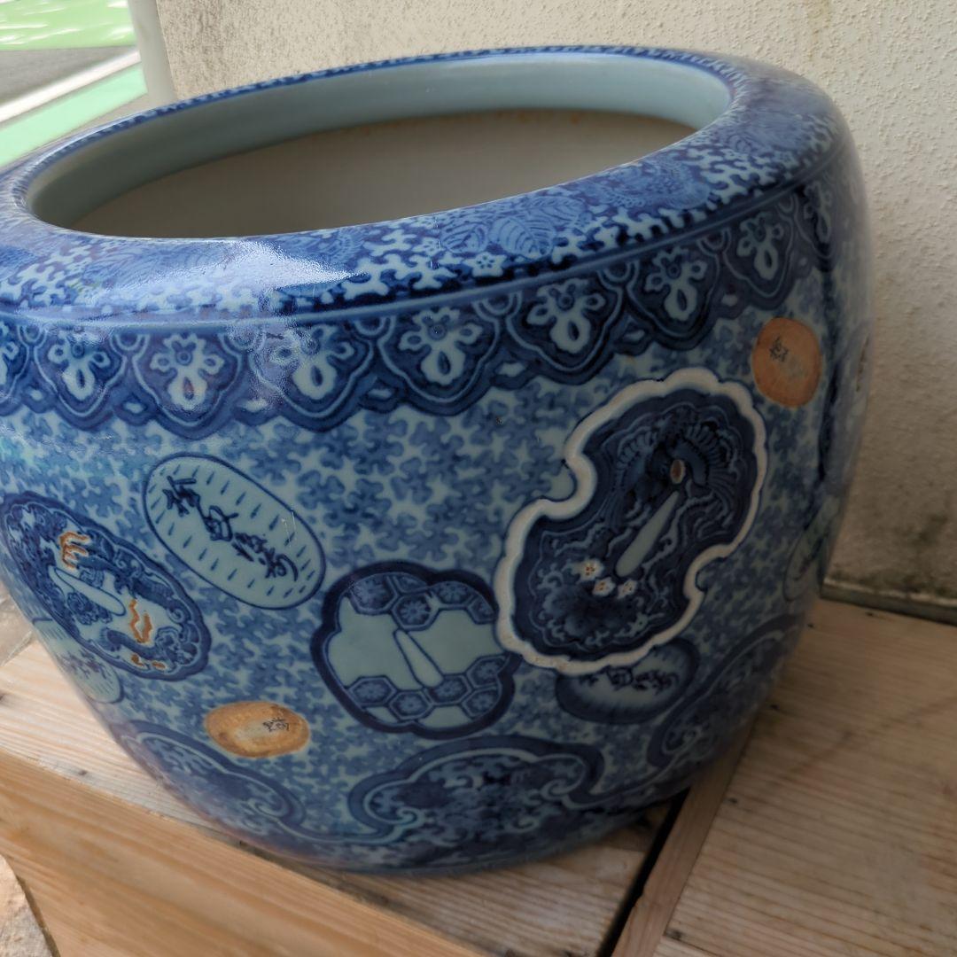 骨董 大型 火鉢 伊万里 染め付け メダカ 金魚 睡蓮鉢 小判 鍔 鉢カバー