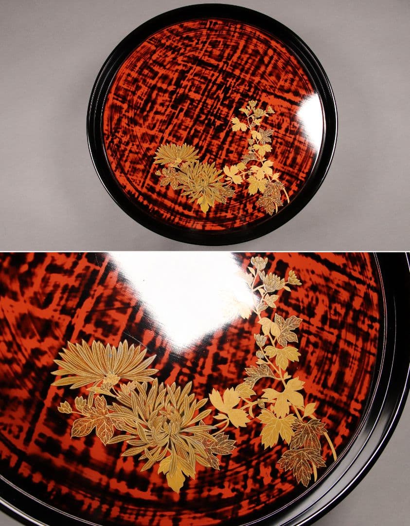 M851/ 木製漆器 草花絵変蒔絵 足付円形膳 五客 根来 黒塗 / 丸輪島加賀