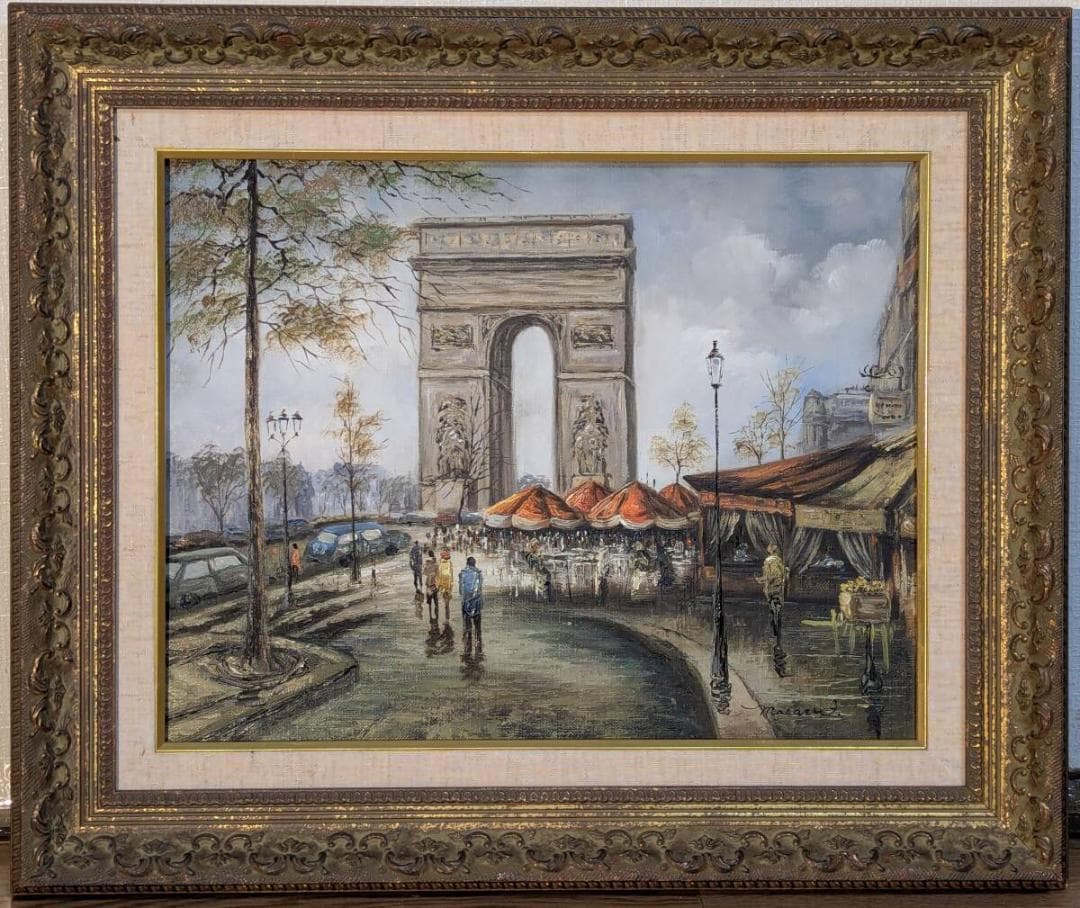 【真作】絵画　中村勝　油彩6号　凱旋門とパリの市場風景　ヨーロッパ風景　Y13