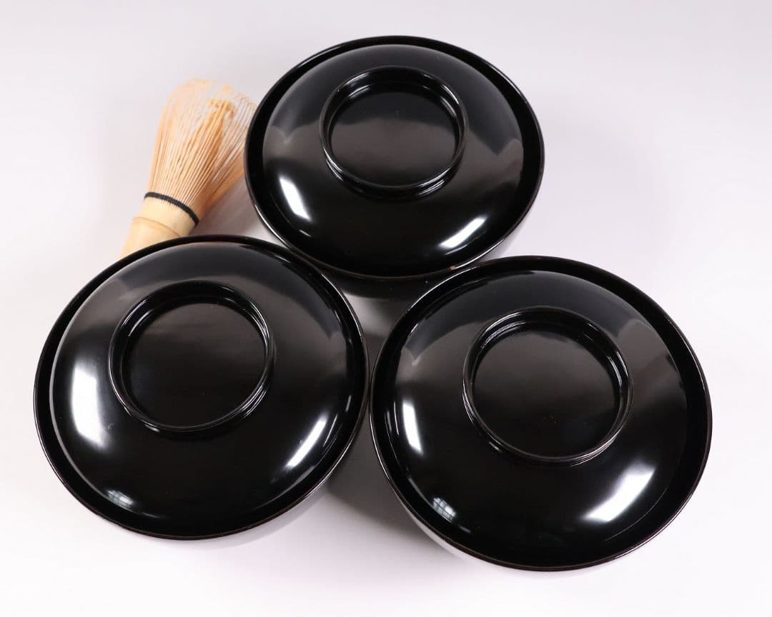 【CM412】天然木漆塗 加賀蒔絵 蓮と野菜金蒔絵 黒煮物椀 三客 漆器 昭和期