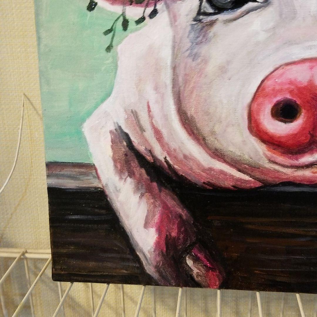 油絵　専用　頭に花をのせた豚