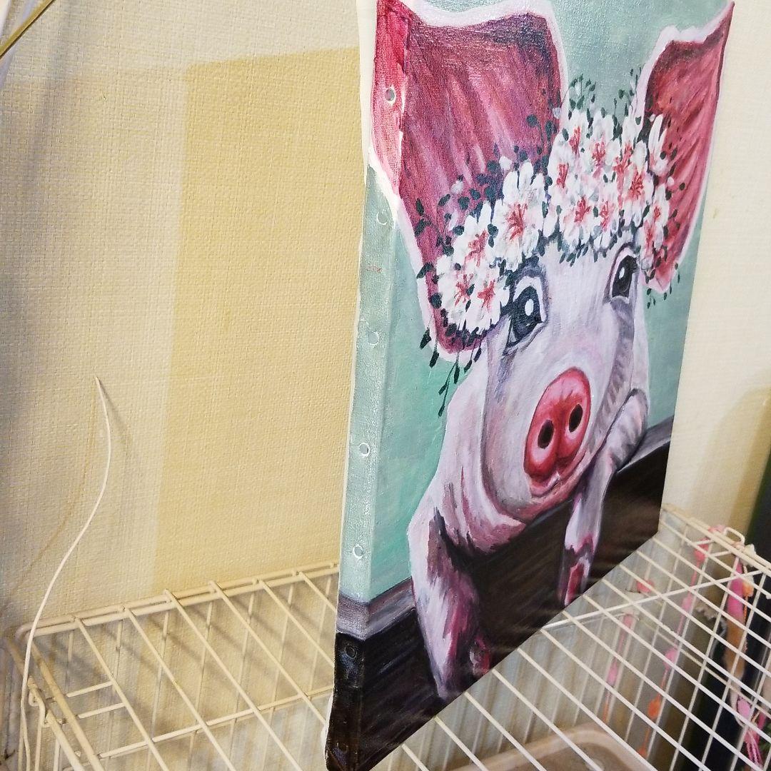 油絵　専用　頭に花をのせた豚