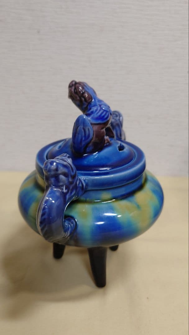 九谷　三代　徳田八十吉　正彦銘　碧彩釉　香炉　共箱