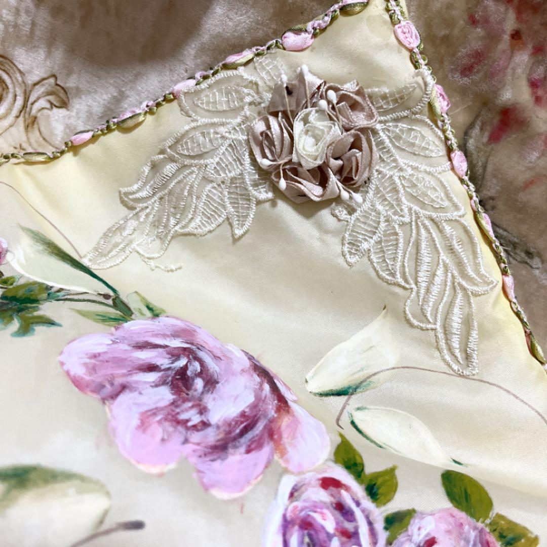 アンティーク　ロココリボン　手描きピンクローズ