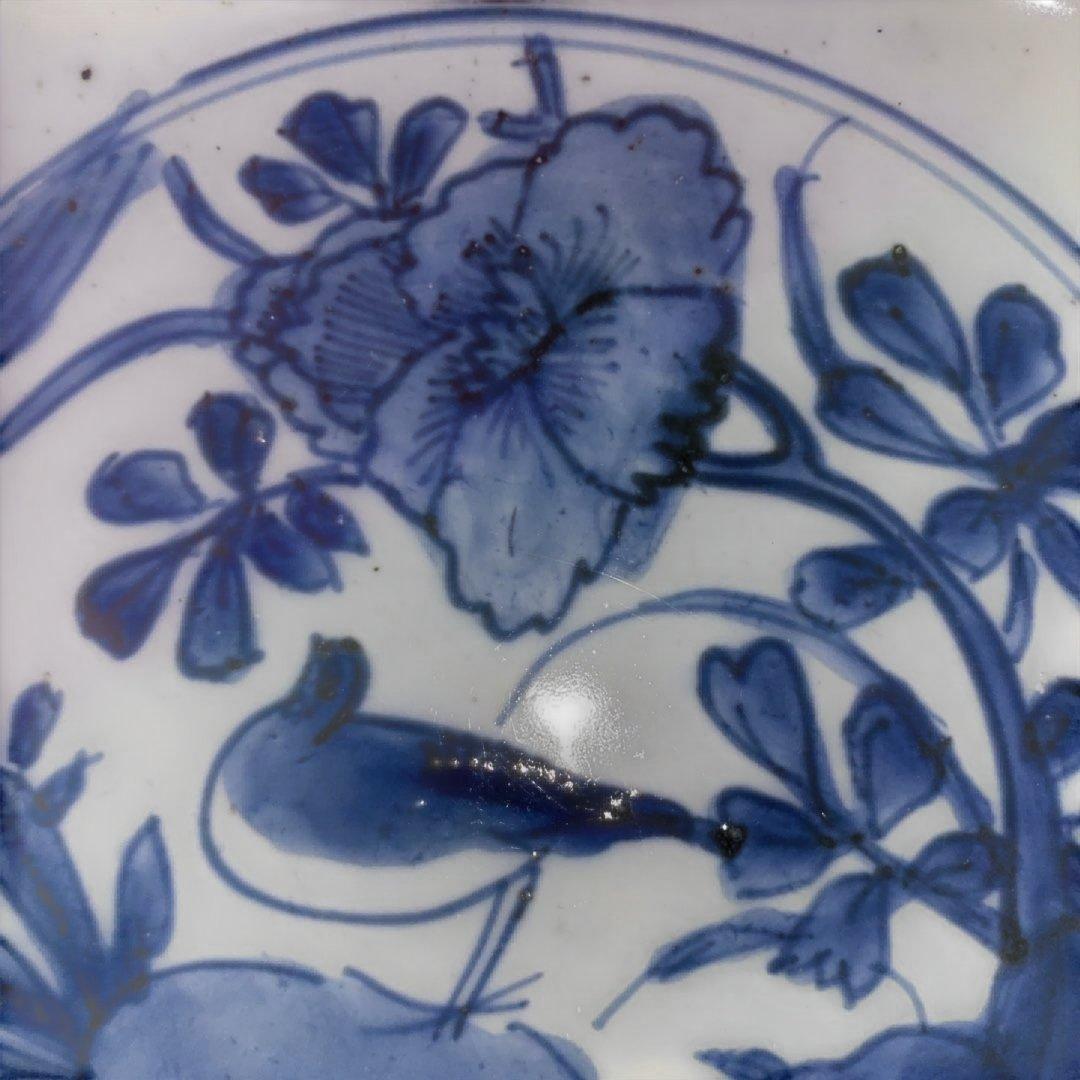 古染付　鳥草花文　7寸皿　明末清初期