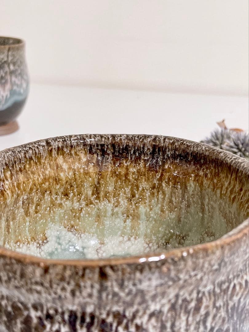 萩焼　山根清玩　しだれ釉　孔雀釉　抹茶碗　湯呑み　光彩庵　陶器　割高台