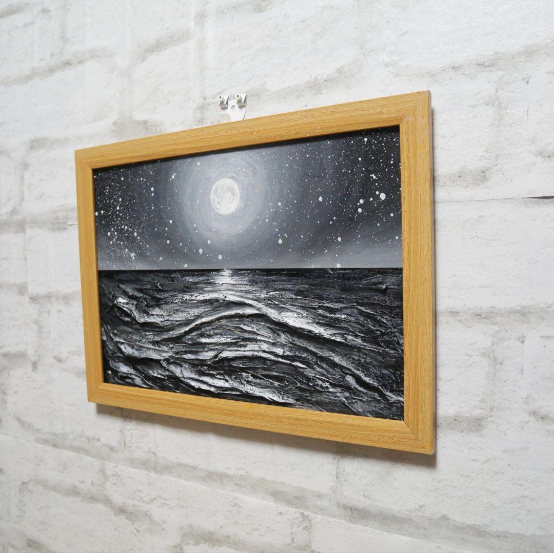 油絵 油彩 油彩画 絵 絵画 【白黒の満月と星空の海】