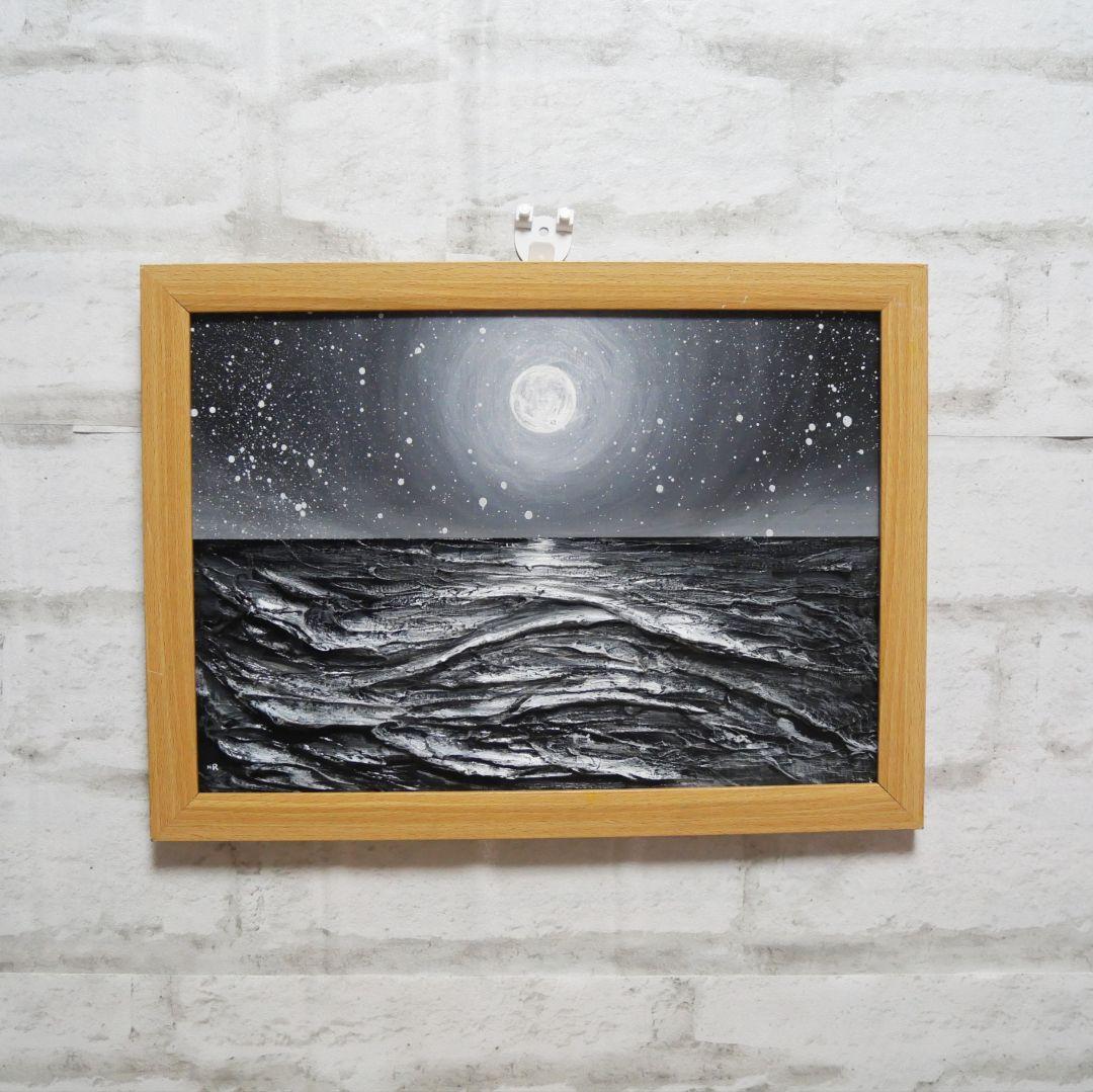 油絵 油彩 油彩画 絵 絵画 【白黒の満月と星空の海】