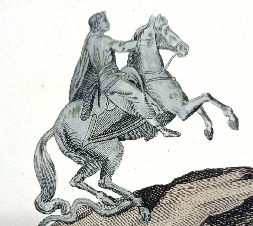 額装品　古典版画　1800年頃　ピュートル大帝の青銅騎馬像　ロシア　稀少作品