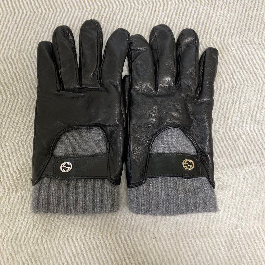 GUCCI レザーの手袋　ブラック　グレー