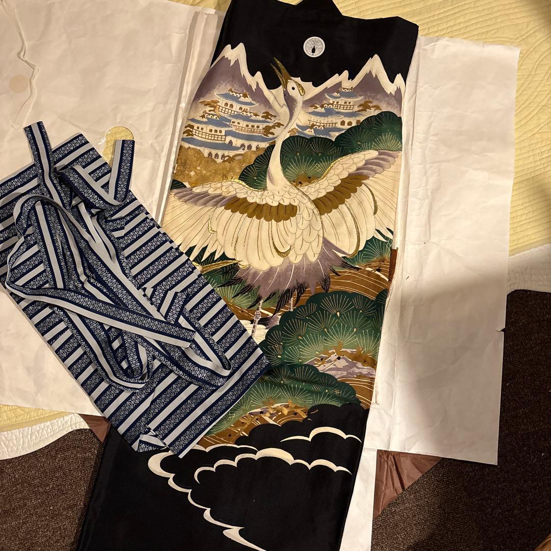 骨董品 ヴィンテージ 50年前 男の子 七五三 お宮参 伝統的な鶴デザインの着物