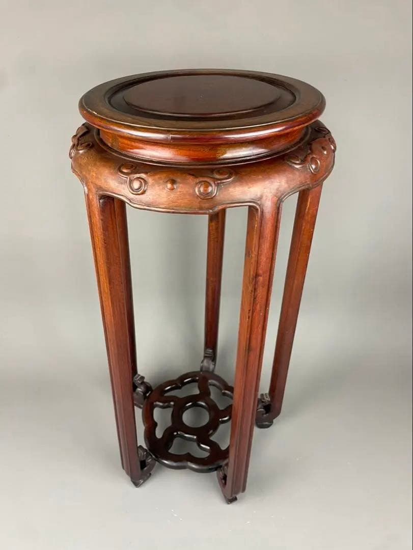 中国古玩 唐木造 高卓花台 五足花台 古唐木 飾台栽台 香炉台 紫檀 花梨 彫刻