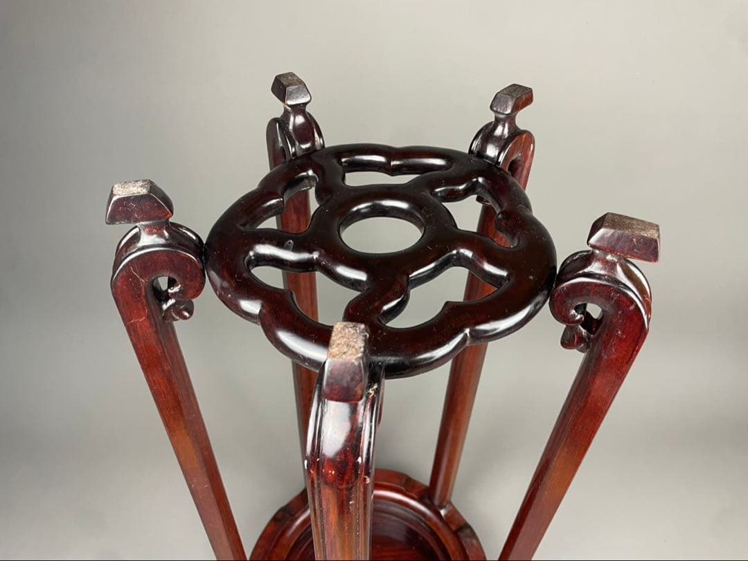 中国古玩 唐木造 高卓花台 五足花台 古唐木 飾台栽台 香炉台 紫檀 花梨 彫刻