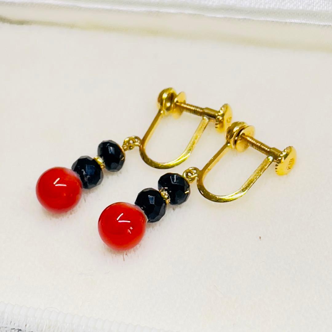W*k様 【土佐名産】天然血赤珊瑚とブラックトルマリンK18イヤリング