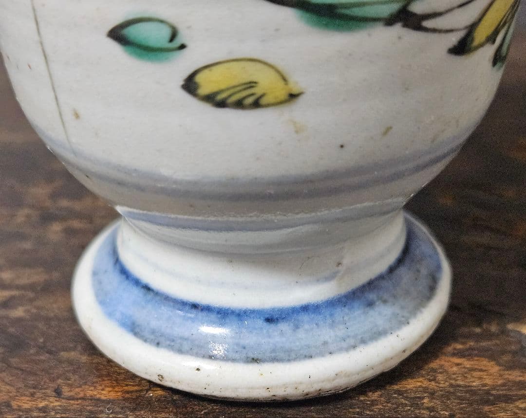 江戸時代前期　古九谷様式　帆掛け舟に 山水図　漢詩　台付　猪口　香炉