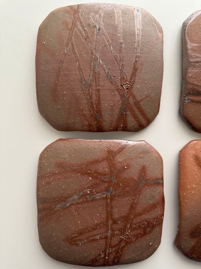 堀江英城 備前 四方皿 5枚 牡丹餅 緋襷 共箱