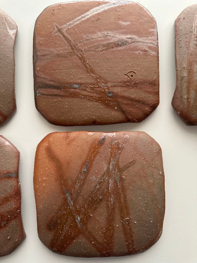 堀江英城 備前 四方皿 5枚 牡丹餅 緋襷 共箱