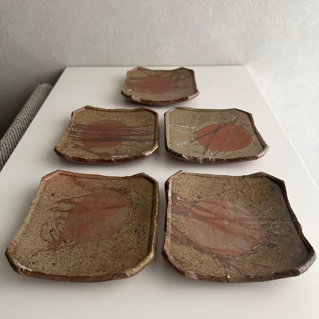 堀江英城 備前 四方皿 5枚 牡丹餅 緋襷 共箱