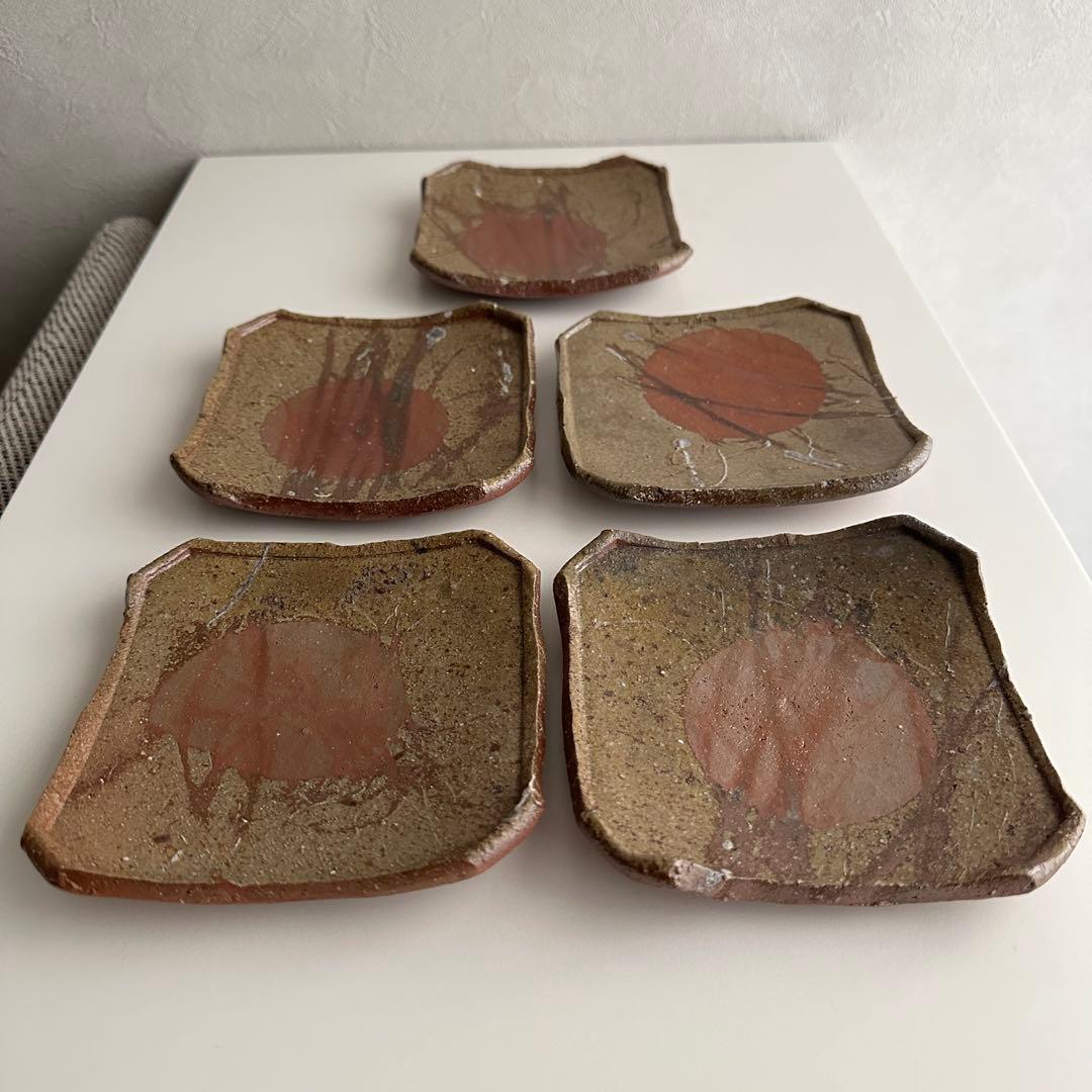 堀江英城 備前 四方皿 5枚 牡丹餅 緋襷 共箱