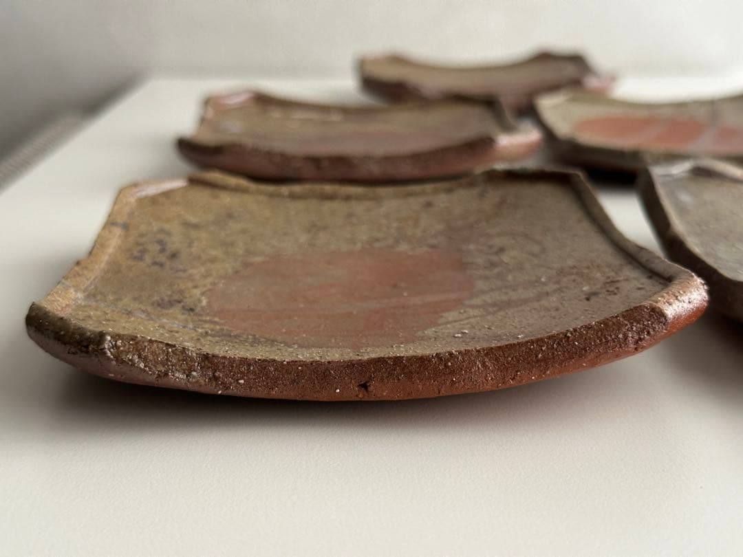 堀江英城 備前 四方皿 5枚 牡丹餅 緋襷 共箱