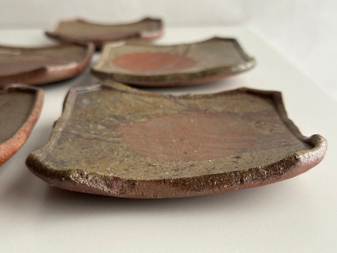 堀江英城 備前 四方皿 5枚 牡丹餅 緋襷 共箱