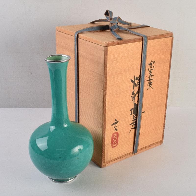 七宝焼　安藤七宝店　緑釉　花文　花瓶　合わせ箱　C　R9385H