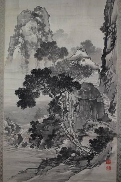 真作/芳邨/山舎人物図/布袋屋掛軸B-48