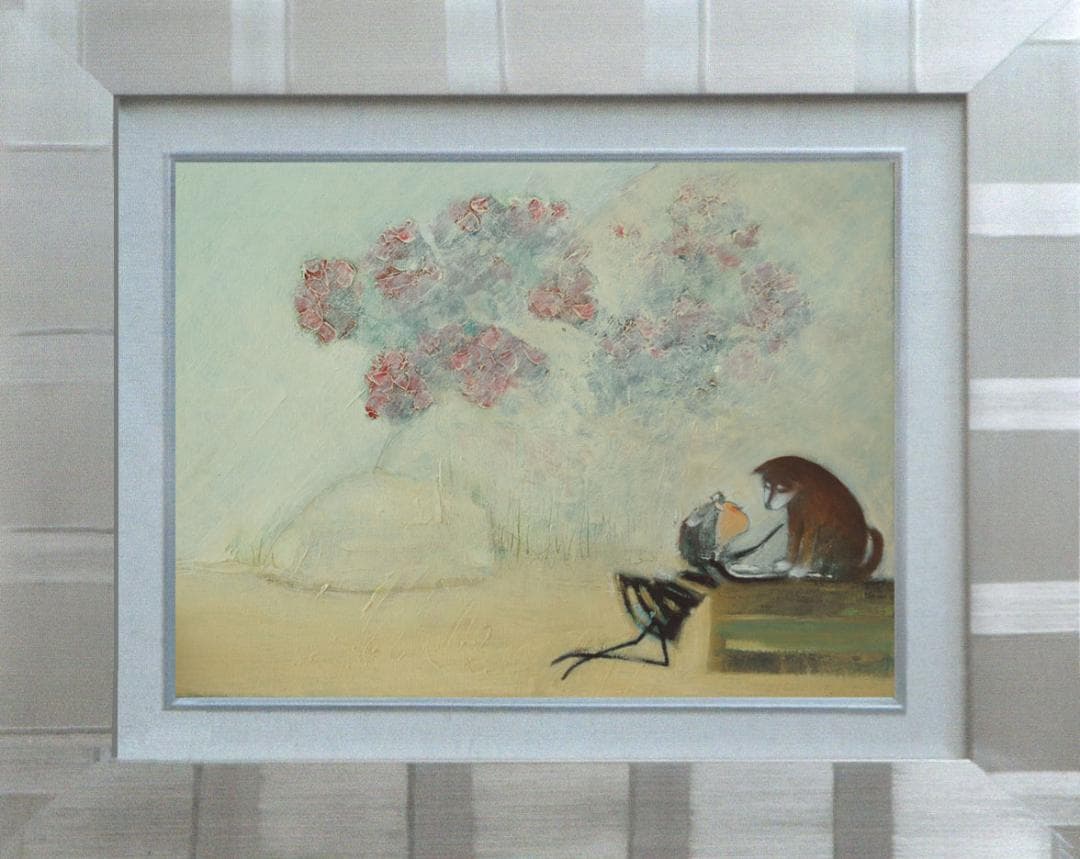 油絵 菅家令子 絵 絵画インテリア額付(白) uF6-071619 子犬と女の子